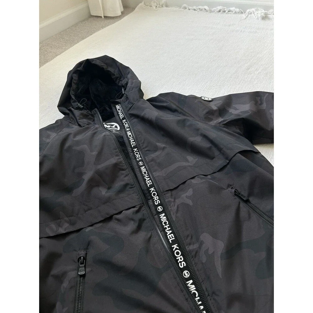 Michael Kors Black Gray Camouflage Hooded Jacket Size L Zippers Pockets